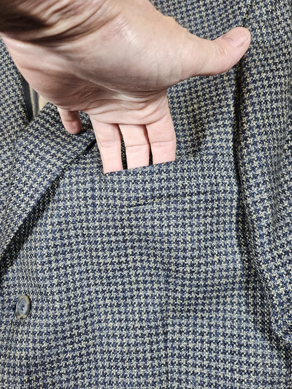 Vintage J Riggings 100% Wool Tweed Blue Tan Houndstooth Sport Coat Blazer 42R